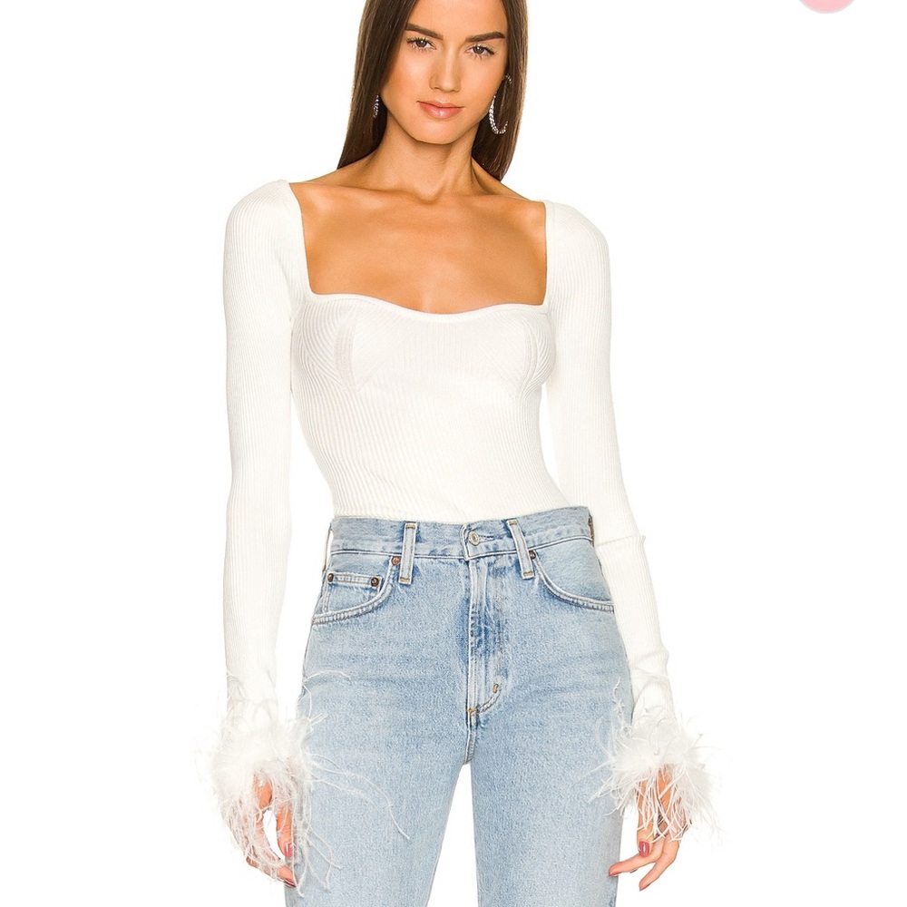 Revolve Lovers + Friends Kinsley Feather Trim Top in Ivory